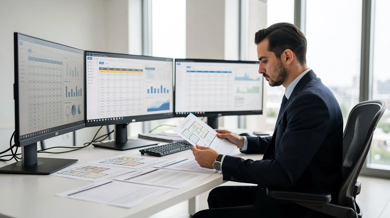 A professional accountant is seated at a modern desk, meticulously reviewing property documents on multiple monitors, focusing on rental property accounting and tax planning strategies for real estate investors. The scene highlights the importance of understanding tax implications and maximizing deductions for rental income and property taxes.