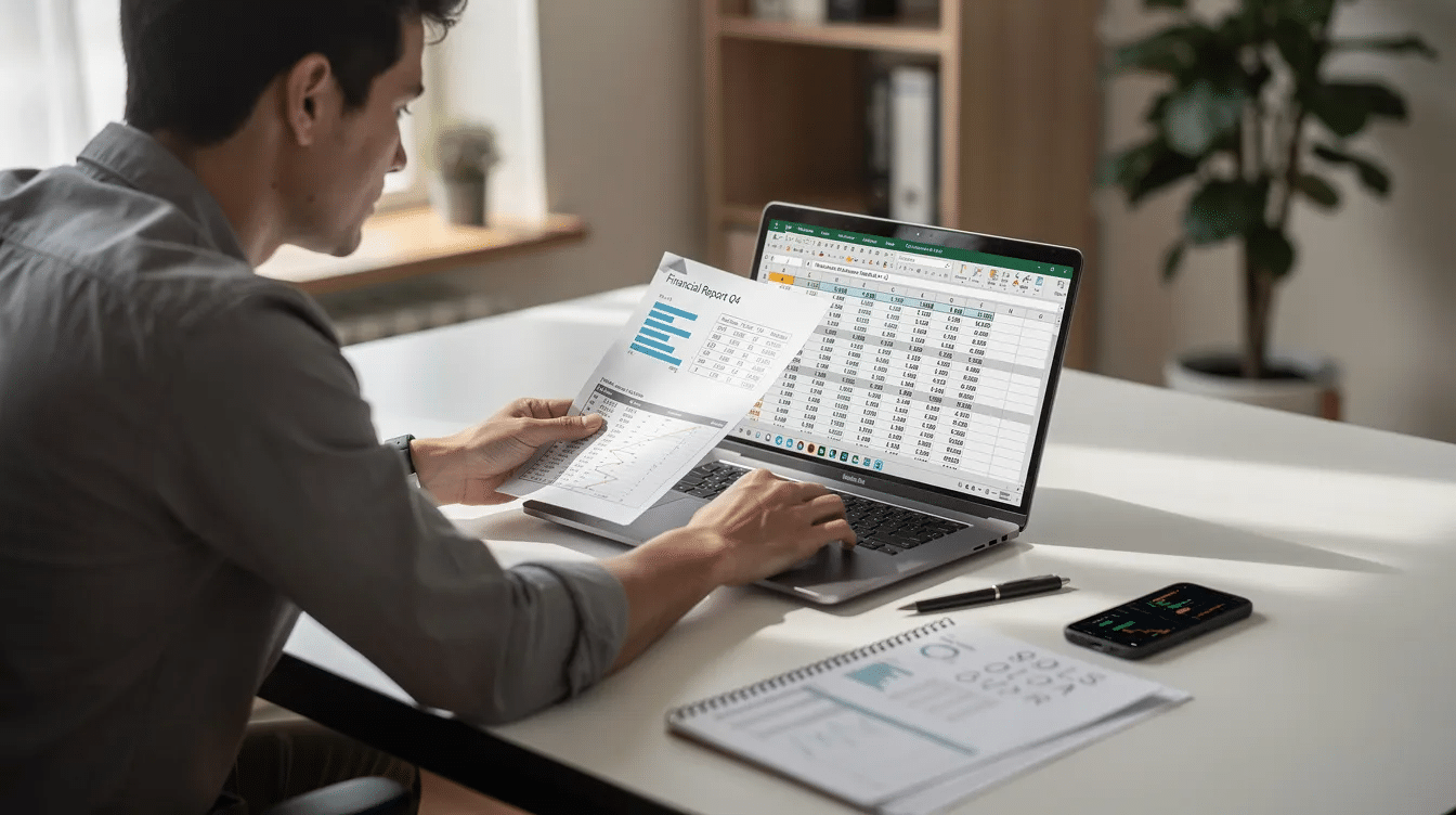 A person is seated at a modern desk, intently reviewing financial documents and spreadsheets on a laptop, which suggests they are engaged in real estate accounting or tax planning for property investments. The workspace is organized and reflects a professional environment suitable for real estate business activities.