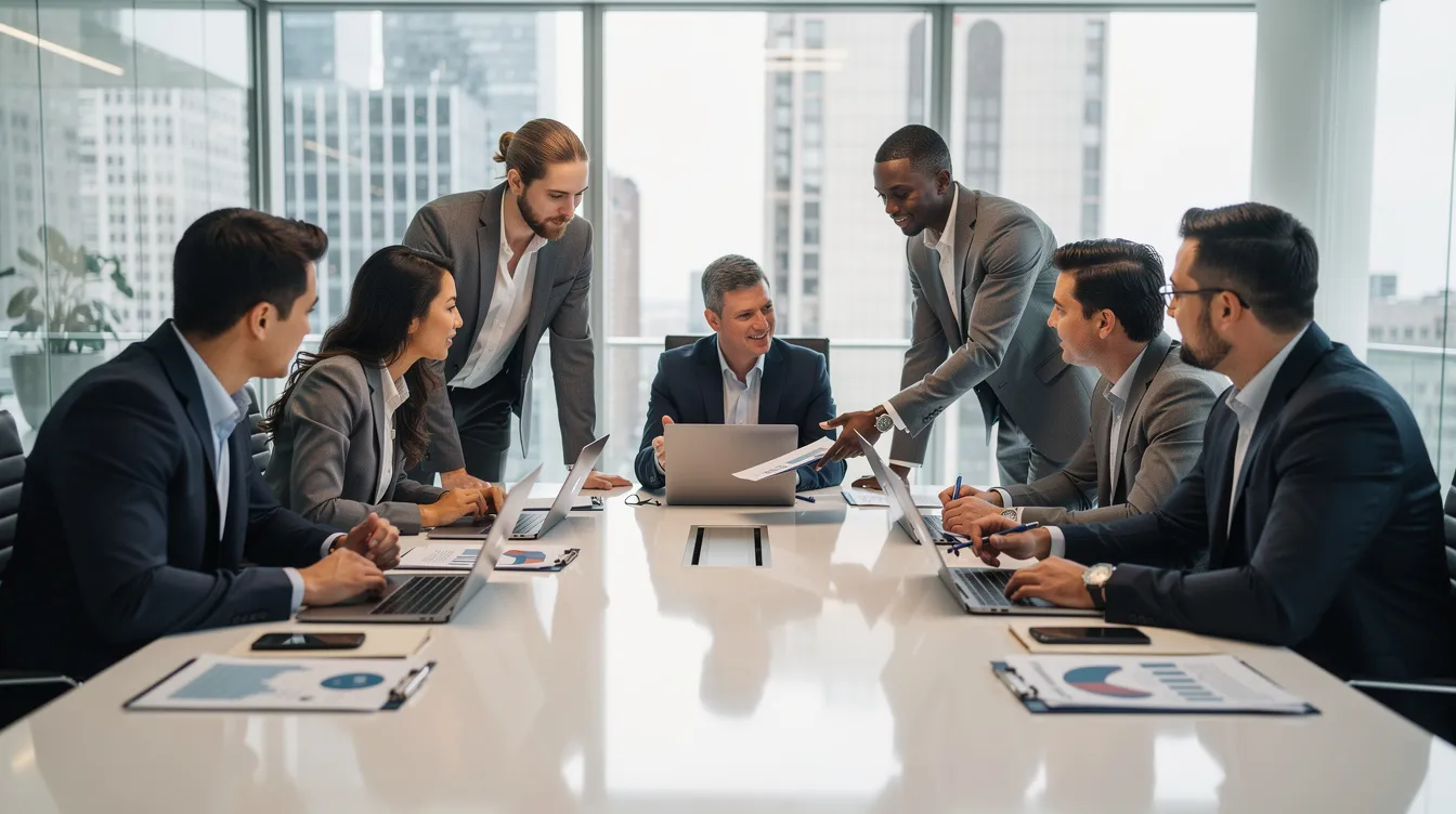 A team of professionals collaborates around a conference table, discussing laptops and documents related to real estate investing and tax planning strategies for rental properties. They are likely strategizing on maximizing deductions and navigating the complexities of rental property taxes and tax laws to enhance their clients' financial goals.