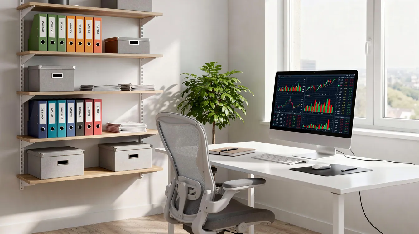 The image depicts a modern, organized home office featuring a computer screen displaying financial charts related to rental property income and tax liabilities. The workspace includes a systematic filing system, ideal for real estate investors managing their tax planning and accounting needs.