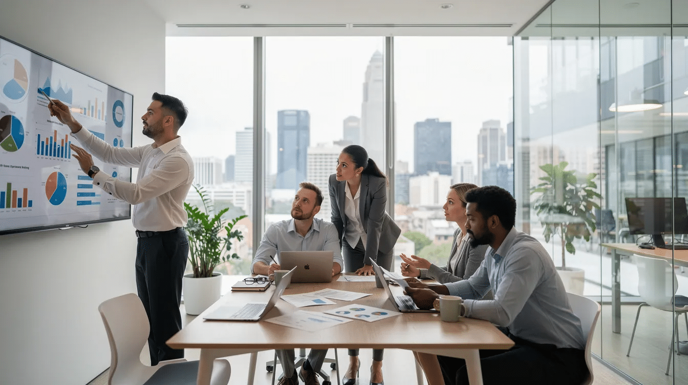 A diverse team of professionals is collaborating in a modern office, discussing strategies related to real estate accounting and investment. They are engaged in decision-making processes that involve financial data and insights crucial for managing property transactions and optimizing tax savings for their clients.