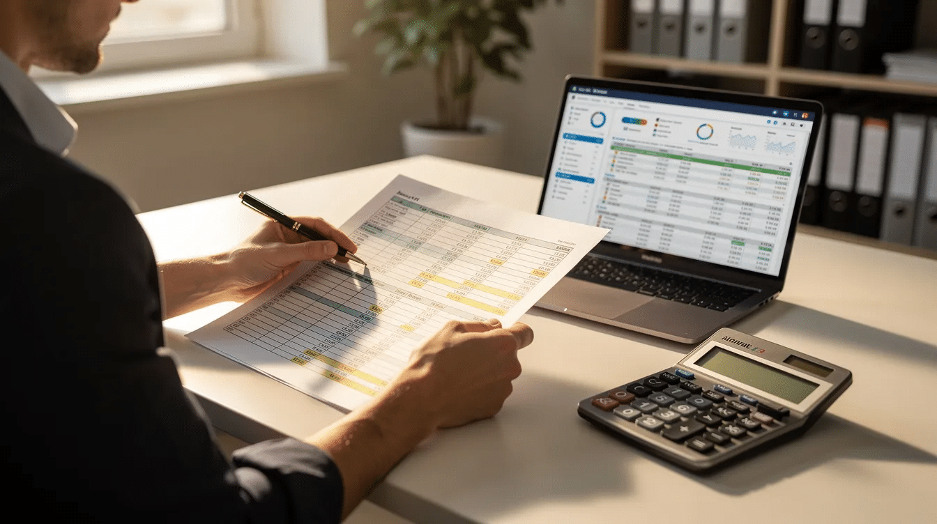 A person sits at a desk reviewing financial documents, using a calculator and a laptop, as they manage their rental property accounting. This scene highlights the importance of tracking income and expenses for effective property management and financial clarity.