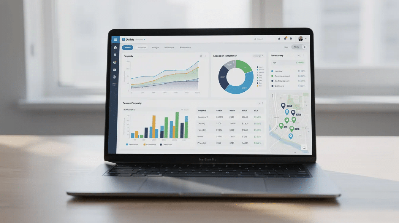 A laptop computer displays a financial dashboard featuring colorful charts and graphs that represent rental property data, including income and expenses. This visual aids property managers and real estate investors in tracking rental income, managing their investment portfolio, and generating financial reports using rental property accounting software.